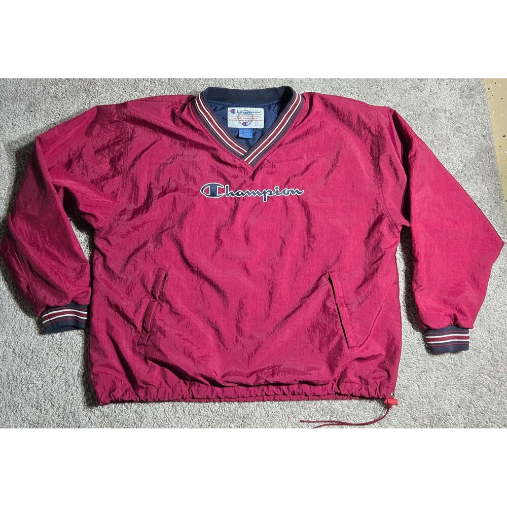 Vtg 90s Champion Big Logo Pullover Windbreaker Jacket Men Adult XL Burgundy